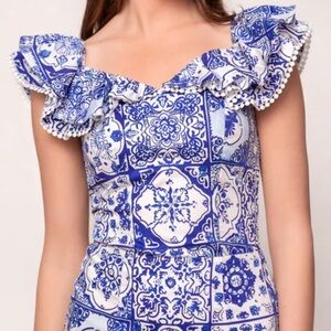 Ivy City Co 100% Cotton Blue and White Tile Rosina PomPom Ruffle Top